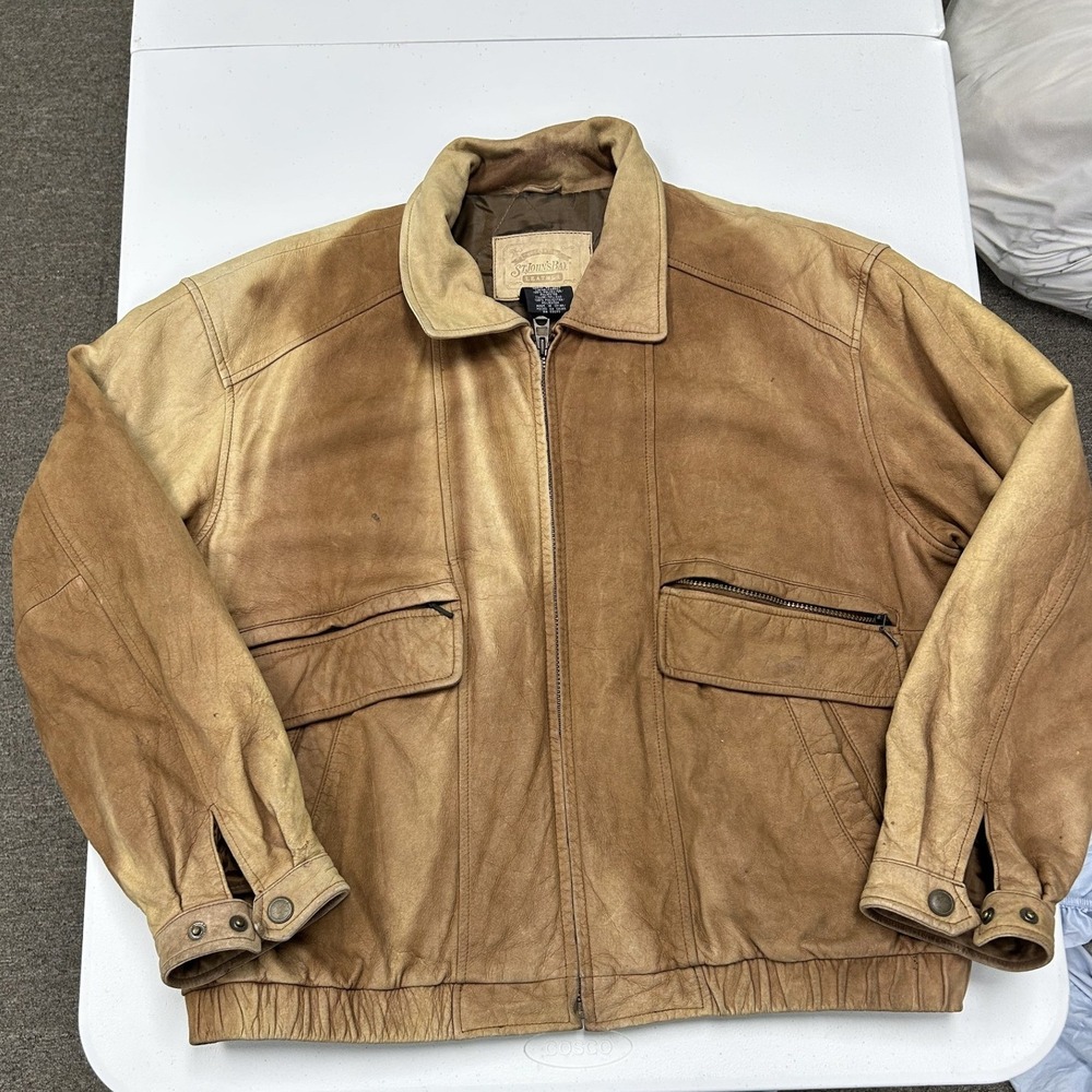 St Johns Bay Bomber Jacket Mens XL Tan Fair Distressed Nappa Leather Full Zip
